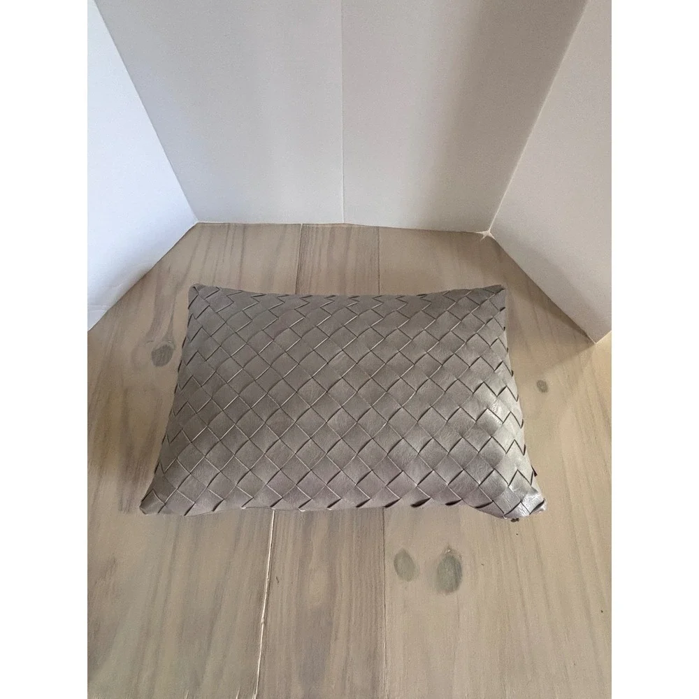 Frye Gray Woven Faux Leather Decorative Throw Pillow Rectangular 20x13 Modern